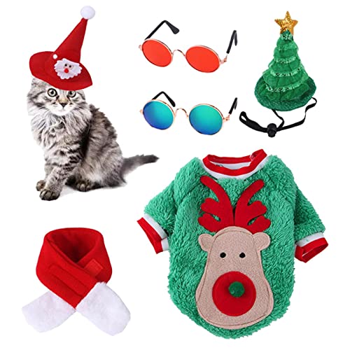 3-teiliges Kostüm für Katzen, Weihnachten, Rentier-Kostü , mit Sonnenbrille, Schal, Hut – warme Mäntel, Rentier-Kleidung für Haustiere, Katzen, Kätzchen von kot-au