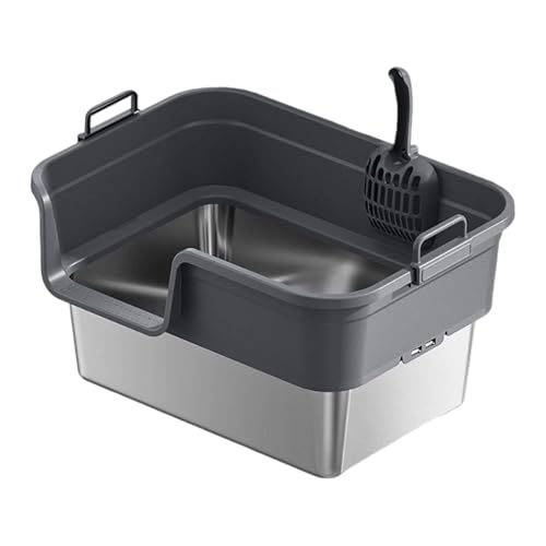 kowaku Katzentoilette Semi Geschlossene Katzenstreu Box Offenes Top Katzenklo mit Hohem Rand Spritzschutz Edelstahl PP Material für Wohnungskatzen Kätzchen, Dunkelgrau von kowaku
