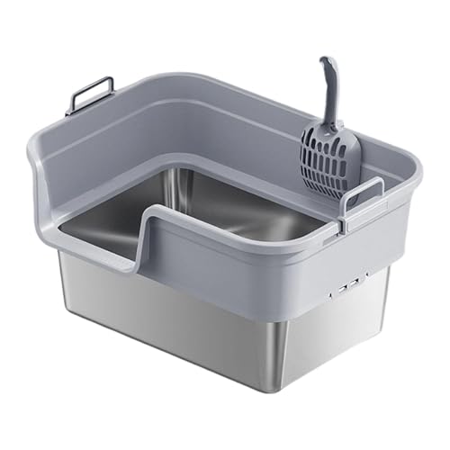 kowaku Katzentoilette Semi Geschlossene Katzenstreu Box Offenes Top Katzenklo mit Hohem Rand Spritzschutz Edelstahl PP Material für Wohnungskatzen Kätzchen, Hellgrau von kowaku