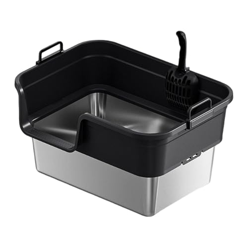 kowaku Katzentoilette Semi Geschlossene Katzenstreu Box Offenes Top Katzenklo mit Hohem Rand Spritzschutz Edelstahl PP Material für Wohnungskatzen Kätzchen, Schwarz von kowaku