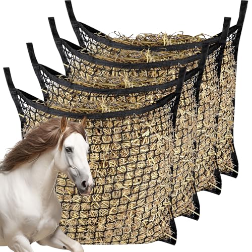 kronttis Heunetz für langsames Füttern, 80 x 80 cm, große Kapazität, Pferde-Futterbeutel, einfach aufzuhängen, für Pferdefütterung, Ganztägige Fütterung, Pferde, Ziegenstall, Anhänger, Schwarz, 4 von kronttis