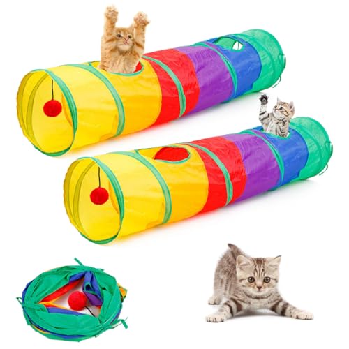 Kuivoo 2 PS Katzentunnel, zusammenklappbar, interaktiver Regenbogen-Katzen-Spieltunnel mit 2 Löchern für Indoor-Katzen, Kaninchen, kleine Hunde, Kätzchen, Welpen oder andere kleine Haustiere von kuivoo