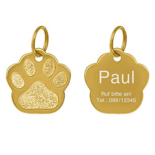 kultdog Pfote Hundemarke aus Edelstahl mit Gravur I Adressanhänger in 2 Größen erhältlich I Tiermarke für Hunde inkl. Schlüsselring - Gold Klein kultdog Pfote Hundemarke aus Edelstahl mit Gravur I Adressanhänger in 2 Größen erhältlich I Tiermarke für Hunde inkl. Schlüsselring - Gold Klein von kultdog