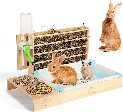 4-in-1-Kaninchen-Heu-Futterspender, Hasen-Heuraufe mit Kunststoff-Katzentoilette, Toilette, Schüsseln und Wasserflasche, Futter-Toiletten-Kombination für Hasen, Meerschweinchen, Hamster und Kleintiere von kyaoayo