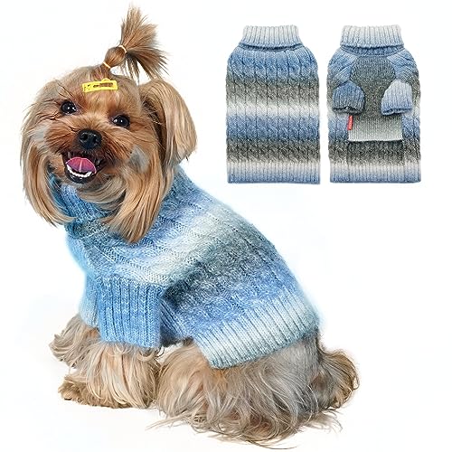 KYEESE Hundepullover mit Zopfmuster, dicker Hundestrick, Rollkragen, warm mit Ärmeln, Hundepullover für mittelgroße Hunde, Farbverlauf, Blau, XXL von kyeese