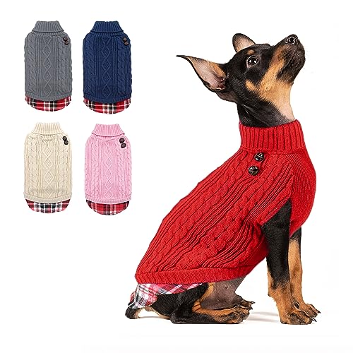 kyeese Hundepullover mit Rollkragen, Zopfmuster, Warmer Haustier-Pullover mit Loch für die Leine, Small, rot von kyeese