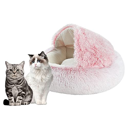 laamei Katzenkörbchen Flauschige Katzenbett mit Kapuze runde Hundebett Kuschelhöhle warm Haustierbett weiches Plüsch Rutschfester Boden, für Katzen und Welpen(Pink，Durchmesser 40 cm) von laamei