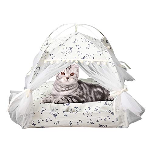 laamei Zelt für Katzen/Hunde, Hundehütte aus Leinen, tragbar, für Katzen und Haustiere, abnehmbar, waschbar, im Blumen-Stil mit Kissen für Katzen (Weiß, 48 x 48 x 49 cm) von laamei