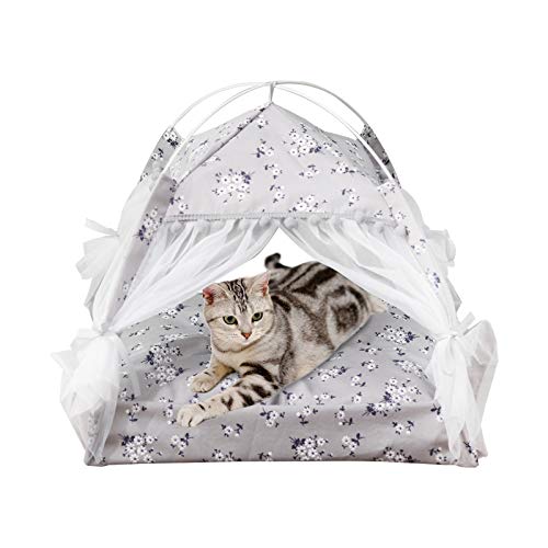 laamei Zelt für Katzen/Hunde, Hundehütte aus Leinen, tragbar, für Katzen und Haustiere, abnehmbar, waschbar, im Blumen-Stil mit Kissen für Katzen (grau, 38 x 38 x 39 cm) von laamei