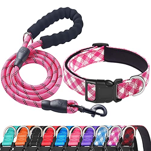 Ladoogo Reflektierendes Hundehalsband, gepolstert, mit weichem Neopren, atmungsaktiv, verstellbar, Nylon, für kleine, mittelgroße und große Hunde (Größe L (1 Stück), rosa kariertes Halsband + Leine) von ladoogo