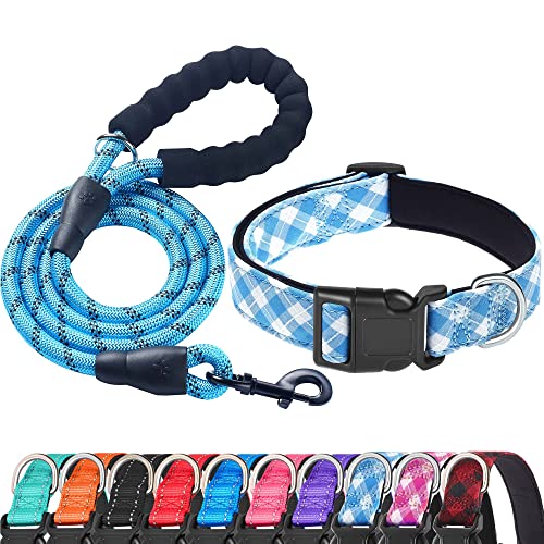 Ladoogo Reflektierendes Hundehalsband, gepolstert, mit weichem Neopren, atmungsaktiv, verstellbar, Nylon, für kleine, mittelgroße und große Hunde (Größe XS (1 Stück), Blau kariertes Halsband + Leine) von ladoogo