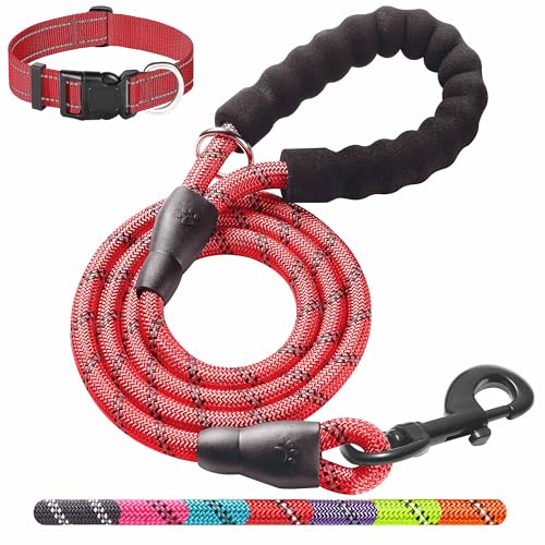 Ladoogo Robuste Hundeleine – bequemer gepolsterter Griff, 1,5 m lang – Hundetrainingsleine für mittelgroße und große Hunde, mit gratis Nylon-Hundehalsband von ladoogo