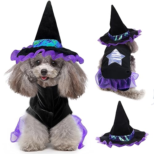 Halloween Hundekostüme Hexe Outfits: Hunde Katze Hexe Kleid Kostüme mit magischem Hut - Haustier Halloween Cosplay Hoodie Lustige Outfits Kleidung für kleine mittelgroße Welpen Hunde (Medium) von lanpod