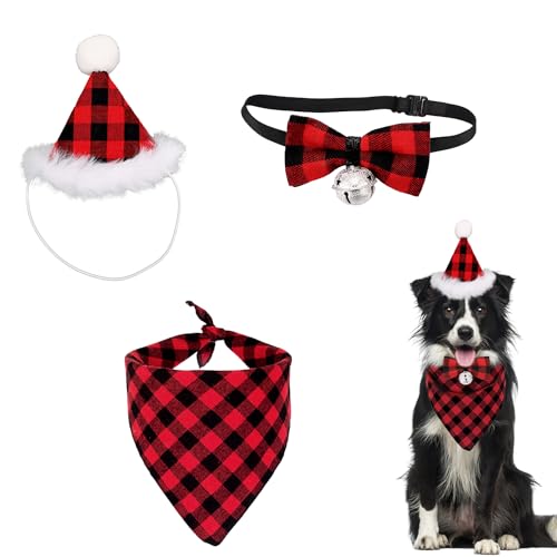 3er-Pack Hunde Weihnachtsoutfit, Kariert Hundehalstuch Plüschmütze Verstellbare Fliege mit Glöckchen Niedlich Haustierkostüm-Zubehör für Kleine Mittelgroße Große Hunde Katzen (Rot) von lasuroa