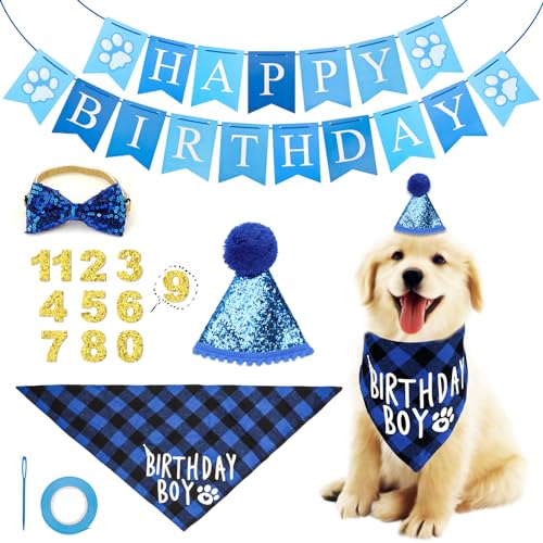 Geburtstagsparty Zubehör für Hunde, Happy Birthday Banner Hundehut Bandana Hut Fliege Goldene Zahlenaufkleber Haustier Outfits Zubehör Party Dekoration (blau) von lasuroa