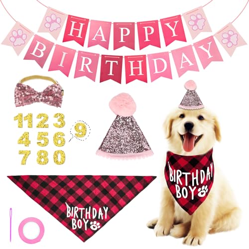 Geburtstagsparty Zubehör für Hunde, Happy Birthday Banner Hundehut Bandana Hut Fliege Goldene Zahlenaufkleber Haustier Outfits Zubehör Party Dekoration (pink) von lasuroa