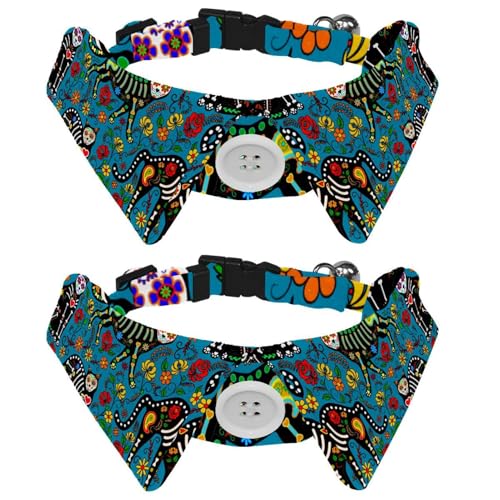 Calavera Hundehalsband mit Fliege und Glöckchen, schwarze Katzen mit mexikanischem Muster, verstellbares Revers-Design, Katzenfliege, Halsband für kleine Haustiere, 2 Stück von lcndlsoe