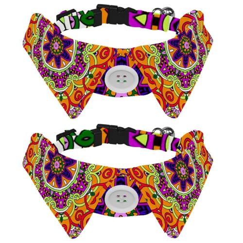 Hundehalsband mit Fliege, verstellbares formelles Smokinghalsband mit abnehmbarem Hemdkragen, Katzenhalsbänder für kleine Haustiere, Vintage-Stammes-Mandala, Blumenkreis, orangefarbenes Muster von lcndlsoe
