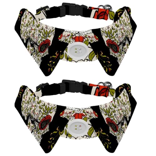 Hundehalsband mit Fliege, verstellbares formelles Smokinghalsband mit abnehmbarem Hemdkragen, Katzenhalsbänder für kleine Haustiere, Zuckerschädel mit Blumenmuster von lcndlsoe