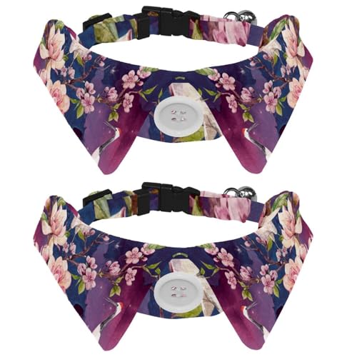 Hundehalsband mit Fliege, verstellbares formelles Smokinghalsband mit abnehmbarem Hemdkragen, Katzenhalsbänder für kleine Haustiere, rote Köpfe, Kranich, Kirschblüten, Zweig, Magnolie, Blumen, Vogel von lcndlsoe