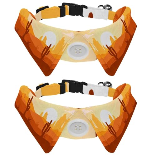Hundehalsband mit Fliege und Glocke, Landschaft mit Wüste und Kaktus, Sonnenuntergang, Illustration, verstellbares Revers-Design, Katzenfliege, Halsband für kleine Haustiere, 2 Stück Hundehalsband mit Fliege und Glocke, Landschaft mit Wüste und Kaktus, Sonnenuntergang, Illustration, verstellbares Revers-Design, Katzenfliege, Halsband für kleine Haustiere, 2 Stück von lcndlsoe