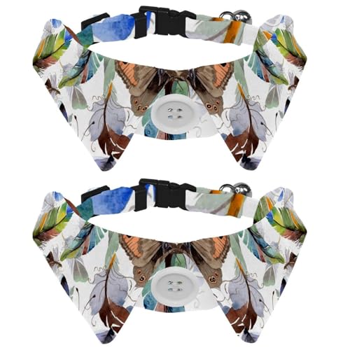 Hundehalsband mit Fliege und Glöckchen, Aquarell-, Schmetterlings-, Federmuster, verstellbares Revers-Design, Katzenfliege, Halsband für kleine Haustiere, 2 Stück von lcndlsoe