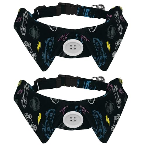 Hundehalsband mit Fliege und Glöckchen, Doodle-Skateboard-Muster, verstellbares Revers-Design, Katzenfliege, Halsband für kleine Haustiere, 2 Stück von lcndlsoe