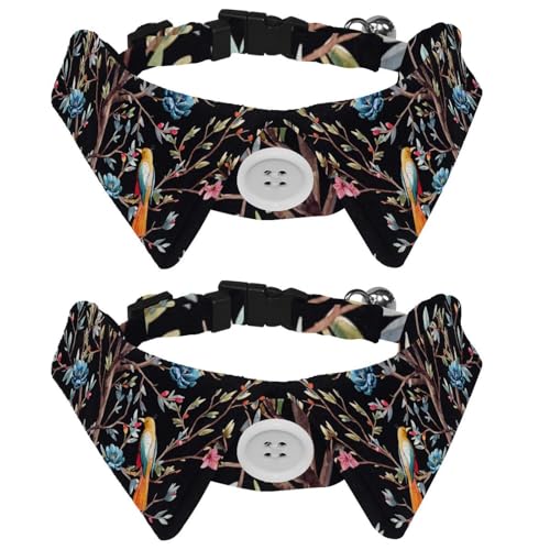 Hundehalsband mit Fliege und Glöckchen, Frühlingsblumen, Baum, Vögel, Blumen, verstellbares Revers-Design, Katzen-Fliege, Halsband für kleine Haustiere, 2 Stück von lcndlsoe