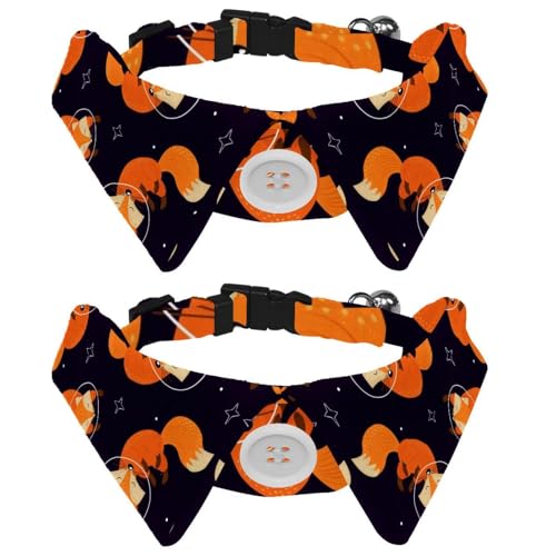 Hundehalsband mit Fliege und Glöckchen, Fuchs im Weltraum, niedliches Tiermuster, verstellbares Revers-Design, Katzenfliege, Halsband für kleine Haustiere, 2 Stück von lcndlsoe