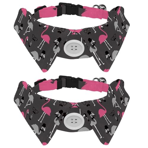 Hundehalsband mit Fliege und Glöckchen, Hipster-Flamingo-Vogel-Muster, verstellbares Revers-Design, Katzenfliege, Halsband für kleine Haustiere, 2 Stück von lcndlsoe
