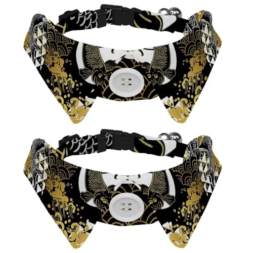 Hundehalsband mit Fliege und Glöckchen, Koi-Fische, Wellen, Wasserkreise, japanisches Muster, verstellbares Revers-Design, Katzenfliege, Halsband für kleine Haustiere, 2 Stück von lcndlsoe