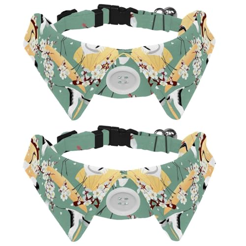 Hundehalsband mit Fliege und Glöckchen, Kraniche, Pflaume, Kirschblüten, Vögel, Baum, Äste, Muster, verstellbares Revers-Design, Katzenfliege, Halsband für kleine Haustiere, 2 Stück von lcndlsoe