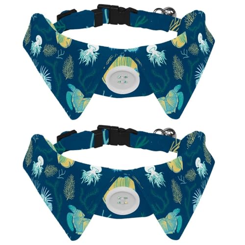 Hundehalsband mit Fliege und Glöckchen, Ozeantiere, Fische, Schildkröte, Quallen, Korallen, verstellbares Revers-Design, Katzen-Fliege, Halsband für kleine Haustiere, 2 Stück von lcndlsoe
