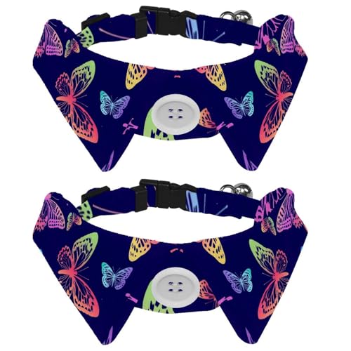 Hundehalsband mit Fliege und Glöckchen, Regenbogen-Schmetterlinge, buntes fliegende Tier-Muster, verstellbares Revers-Design, Katzen-Fliege, Halsband für kleine Haustiere, 2 Stück von lcndlsoe