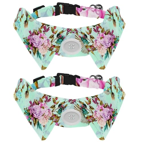 Hundehalsband mit Fliege und Glöckchen, Rosen, Mohnblumen, Vögel, Blumen, verstellbares Revers-Design, Katzenfliege, Halsband für kleine Haustiere, 2 Stück von lcndlsoe