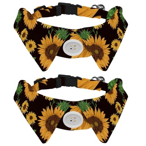 Hundehalsband mit Fliege und Glöckchen, Sonnenblumenknospen und Blumenblattmuster, verstellbares Revers-Design, Katzenfliege, Halsband für kleine Haustiere, 2 Stück von lcndlsoe