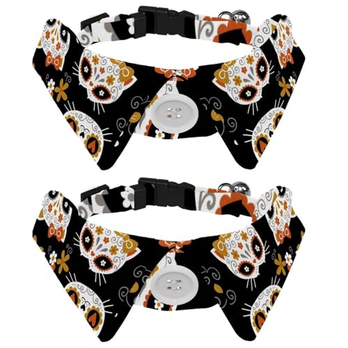 Hundehalsband mit Fliege und Glöckchen, Tag der Toten, Suger, Katze, Totenkopf, Blumen, verstellbares Revers-Design, Katzen-Fliege, Halsband für kleine Haustiere, 2 Stück von lcndlsoe