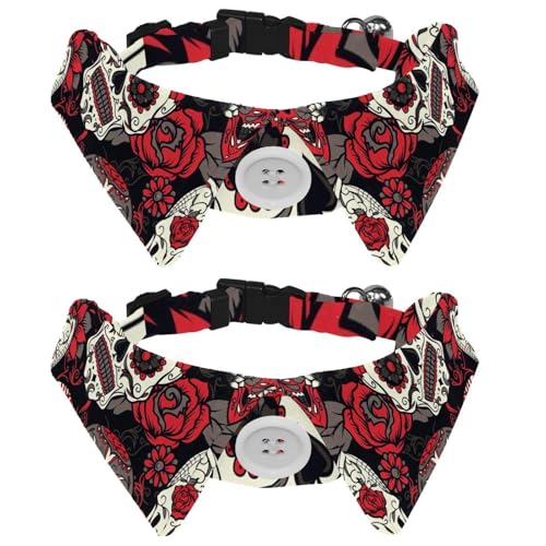 Hundehalsband mit Fliege und Glöckchen, Tag der Toten, Suger Totenkopf, Blumenmuster, verstellbares Revers-Design, Katzen-Fliege, Halsband für kleine Haustiere, 2 Stück von lcndlsoe
