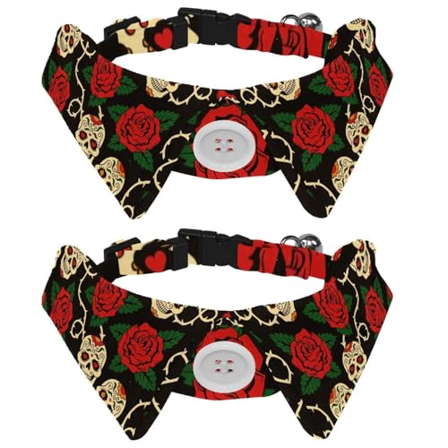 Hundehalsband mit Fliege und Glöckchen, Tag der Toten, mexikanische Totenköpfe mit roten Rosen, verstellbares Revers-Design, Katzenfliege, Halsband für kleine Haustiere, 2 Stück Hundehalsband mit Fliege und Glöckchen, Tag der Toten, mexikanische Totenköpfe mit roten Rosen, verstellbares Revers-Design, Katzenfliege, Halsband für kleine Haustiere, 2 Stück von lcndlsoe
