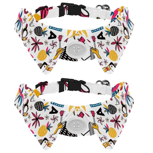 Hundehalsband mit Fliege und Glöckchen, Tukane, Gitarre, Ananas, Palme, Hola-Muster, verstellbares Revers-Design, Katzenfliege, Halsband für kleine Haustiere, 2 Stück von lcndlsoe