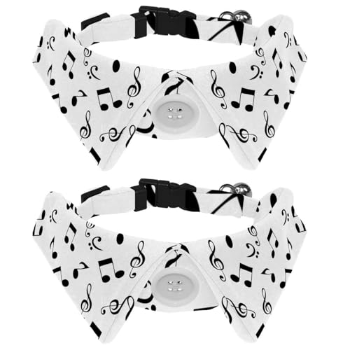Hundehalsband mit Fliege und Glöckchen, abstrakte Musiknote, schwarzes Muster, verstellbares Revers-Design, Katzenfliege, Halsband für kleine Haustiere, 2 Stück von lcndlsoe