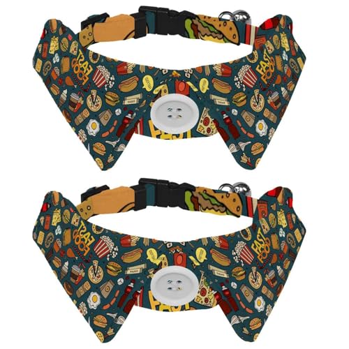 Hundehalsband mit Fliege und Glöckchen, buntes Kritzelei-Cartoon-Fast-Food-Muster, verstellbares Revers-Design, Katzenfliege, Halsband für kleine Haustiere, 2 Stück von lcndlsoe