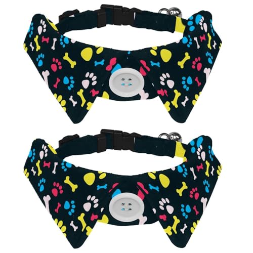 Hundehalsband mit Fliege und Glöckchen, cooles Hundepfotenabdruck und Knochen, buntes Muster, verstellbares Revers-Design, Katzenfliege, Halsband für kleine Haustiere, 2 Stück Hundehalsband mit Fliege und Glöckchen, cooles Hundepfotenabdruck und Knochen, buntes Muster, verstellbares Revers-Design, Katzenfliege, Halsband für kleine Haustiere, 2 Stück von lcndlsoe