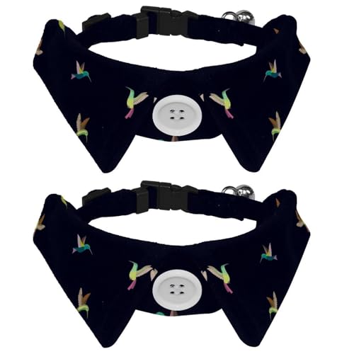Hundehalsband mit Fliege und Glöckchen, helle Vögel, Kolibri, Tiermuster, verstellbares Revers-Design, Katzenfliege, Halsband für kleine Haustiere, 2 Stück von lcndlsoe