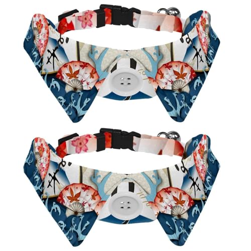 Hundehalsband mit Fliege und Glöckchen, japanisches Uji-Bergahorn, Kirschblüten-Wellenmuster, verstellbares Revers-Design, Katzenfliege, Halsband für kleine Haustiere, 2 Stück von lcndlsoe