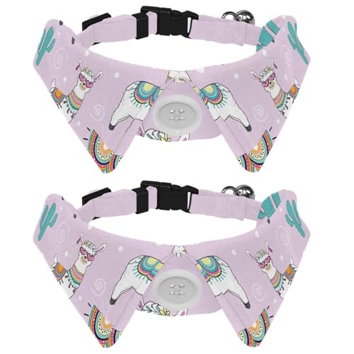 Hundehalsband mit Fliege und Glöckchen, niedliche Tiere, Cartoon, Lama, Alpaka, Kaktus, verstellbares Revers-Design, Katzen-Fliege, Halsband für kleine Haustiere, 2 Stück von lcndlsoe