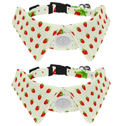 Hundehalsband mit Fliege und Glöckchen, niedliches Obst-Erdbeeren, Punktemuster, verstellbares Revers-Design, Katzenfliege, Halsband für kleine Haustiere, 2 Stück von lcndlsoe
