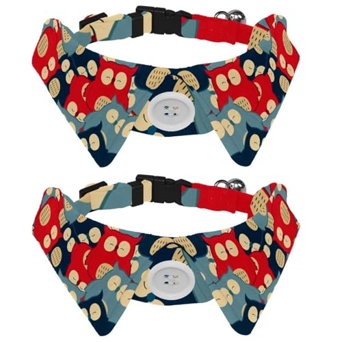 Hundehalsband mit Fliege und Glöckchen, niedliches Tier, großes Auge, Eule, rotblaues Muster, verstellbares Revers-Design, Katzen-Fliege, Halsband für kleine Haustiere, 2 Stück von lcndlsoe