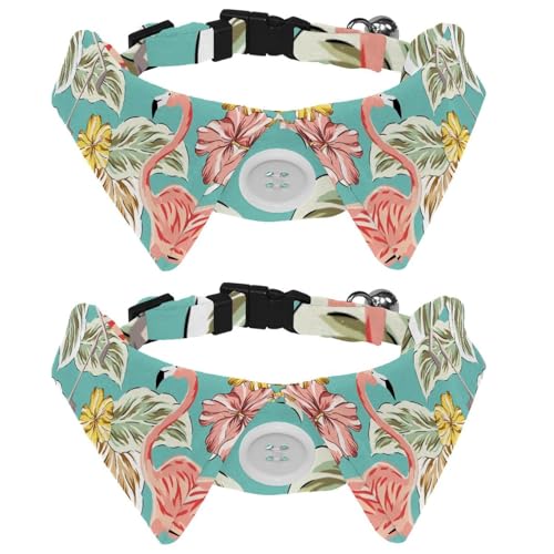 Hundehalsband mit Fliege und Glöckchen, rosa Flamingo, Vögel, Palmblätter, Dschungelmuster, verstellbares Revers-Design, Katzenfliege, Halsband für kleine Haustiere, 2 Stück von lcndlsoe
