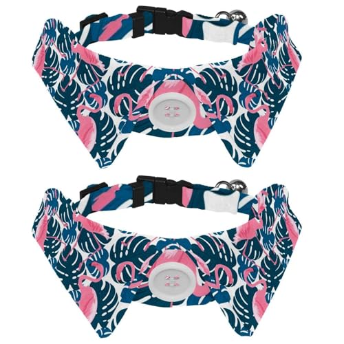Hundehalsband mit Fliege und Glöckchen, rosa Flamingos und Palmblättern, verstellbares Revers-Design, Katzenfliege, Halsband für kleine Haustiere, 2 Stück von lcndlsoe